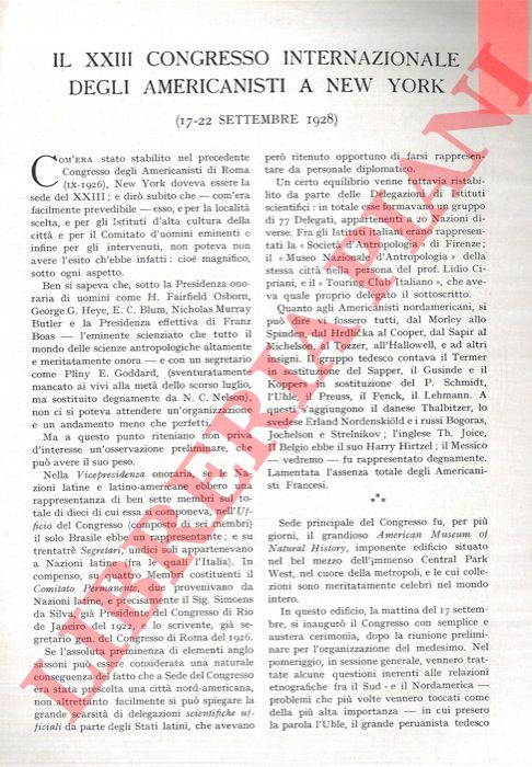 CALLEGARI G. V. - - Il XXIII Congresso Internazionale degli Americanisti a New York (17-22 settembre 1928) .