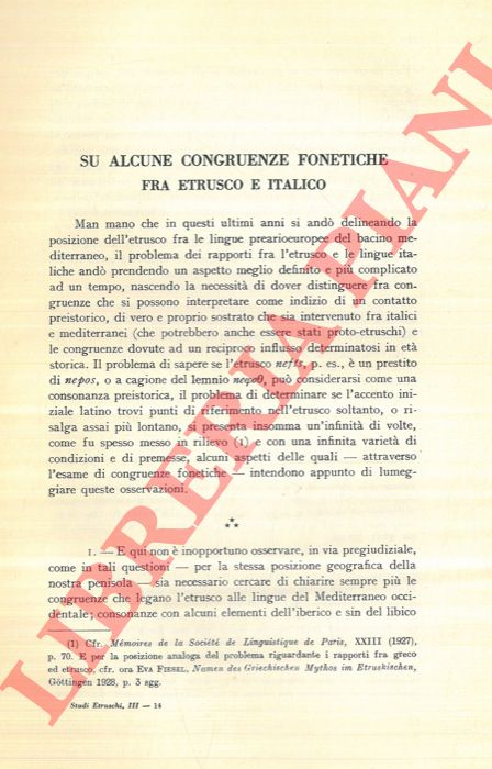 TERRACINI B. A. - - Su alcune congruenze fonetiche fra etrusco e italico.