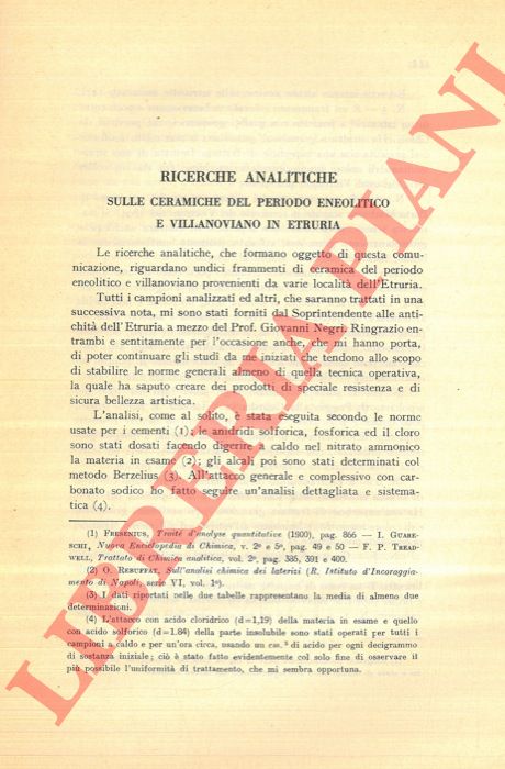 PARLATI Luigi - - Ricerche analitiche sulle ceramiche del periodo eneolitico e villanoviano in Etruria.