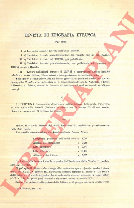 BUONAMICI G. - - Rivista di epigrafia etrusca (1927-1928) .