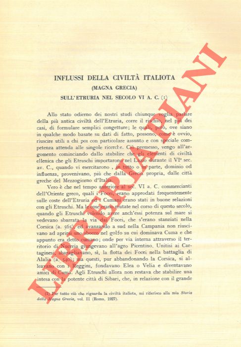 CIACERI Emanuele - - Influssi della civilt italiota (Magna Grecia) sull'Etruria nel secolo VI a.C.