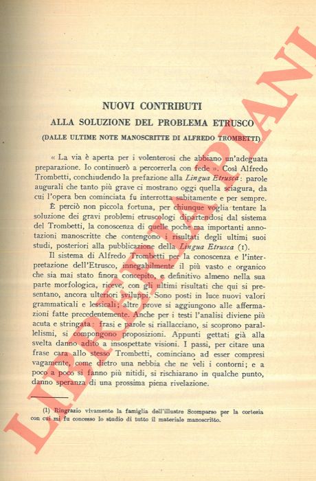 PALLOTTINO Massimo - - Nuovi contributi alla soluzione del problema etrusco (dalle ultime note manoscritte di Alfredo Trombetti) .