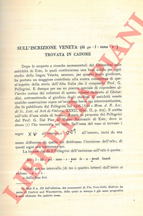 CONWAY R. S. - - Sull'iscrizione veneta (di xo - l - tano - s) trovata in Cadore