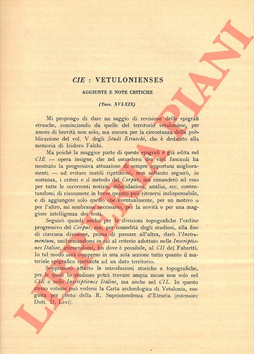 BUONAMICI G. - - CIE: Vetuloniense. Aggiunte e note critiche.