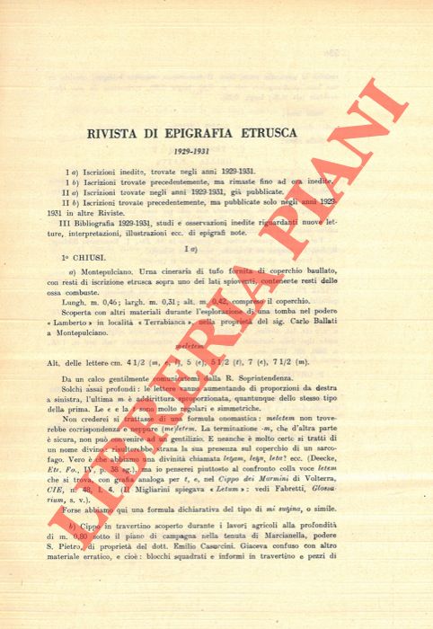 BUONAMICI Giulio - - Rivista di epigrafia etrusca (1929-1931) .