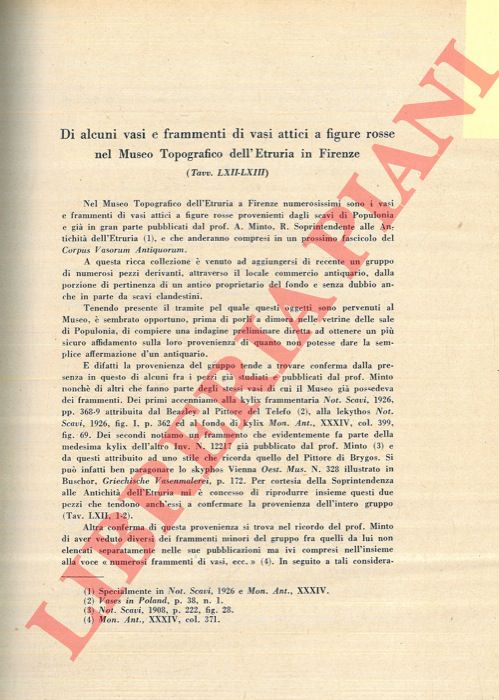 SPRANGER J. A. - - Di alcuni vasi e frammenti di vasi attici a figure rosse nel Museo Topografico dell'Etruria in Firenze.