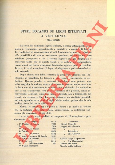 FASOLO U. - - Studi botanici su legni ritrovati a Vetulonia.