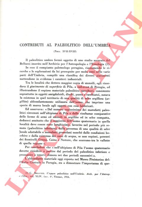 CALZONI U. - - Contributi al Paleolitico dell'Umbria.