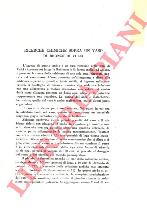 SPERONI G. - COZZI D. - - Ricerche chimiche sopra un vaso di bronzo di Vulci.