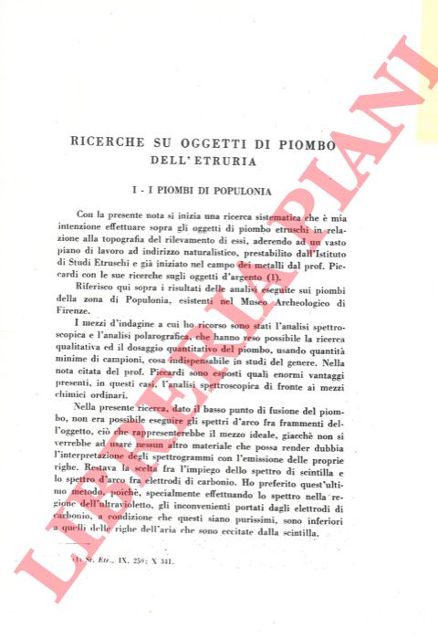 SPERONI G. - - Ricerche su oggetti di piombo dell'Etruria.