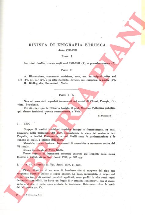 BUONAMICI G. - PALLOTTINO M. - - Rivista di epigrafia etrusca. 1938-1939.