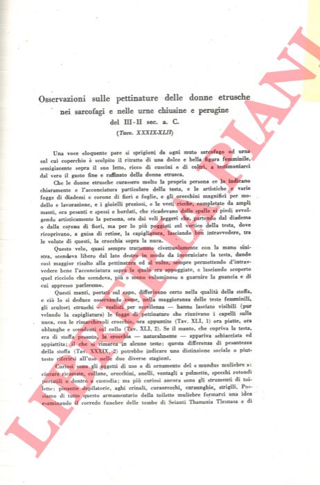 PACCHIONI N. - - Osservazioni sulle pettinature delle donne etrusche nei sarcofagi e nelle urne chiusine e perugine.