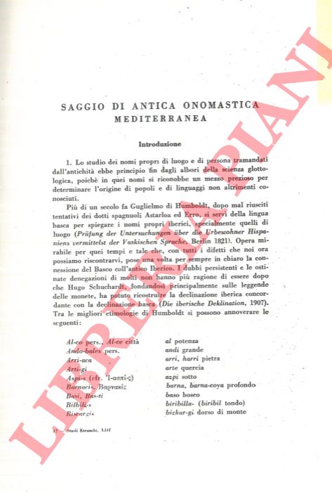 TROMBETTI A. - MARTINI I. - - Saggio di antica onomastica mediterranea. Indice delle voci mediterranee.