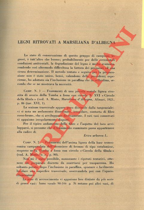 FASOLO U. - - Legni ritrovati a Marsiliana d'Albegna.