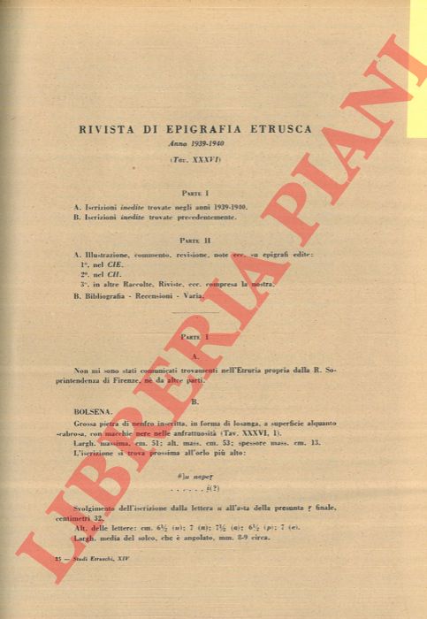 BUONAMICI G. - - Rivista di epigrafia etrusca. Anno 1939-1940.