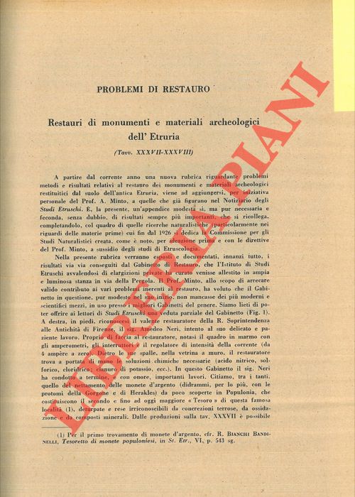 SCAMUZZI E. - - Restauri di monumenti e materiali archeologici dell'Etruria.