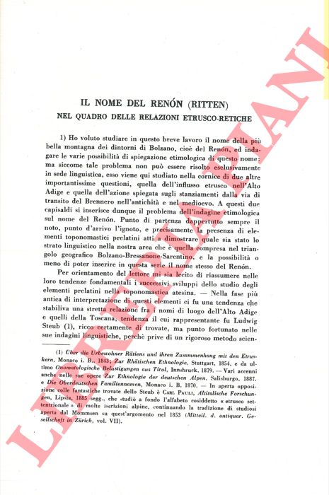 LUN L. - - Il nome del Renon (Ritten) nel quadro delle relazioni etrusco-retiche.