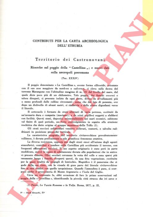 BASTIANELLI S. - - Territorio dei Castronovani. Ricerche sul poggio della 'Castellina' ; e nuovi dati sulla necropoli preromana.