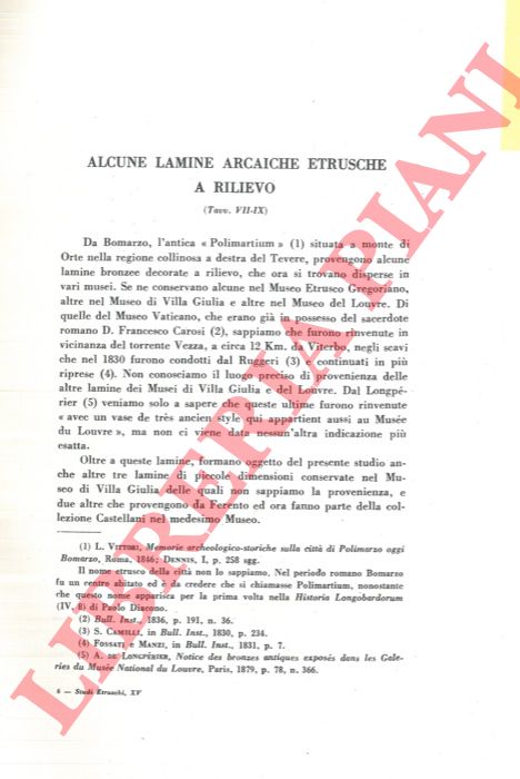 BOVINI G. - - Alcune lamine arcaiche etrusche a rilievo.