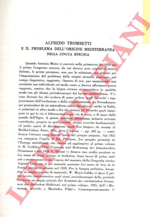 BATTISTI C. - - Alfredo Trombetti e il problema dell'origine mediterranea della lingua etrusca.