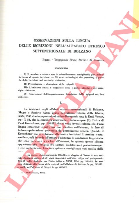 BATTISTI C. - - Osservazioni sulla lingua delle iscrizioni nell'alfabeto etrusco settentrionale di Bolzano.