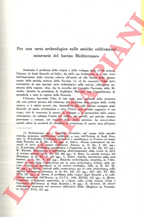 MINTO A. - - Per una carta archeologica sulle antiche coltivazioni minerarie del bacino mediterraneo.