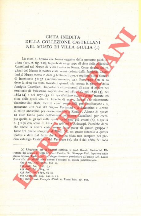 ORLANDINI Piero - - Cista inedita della Collezione Castellani nel Museo di Villa Giulia.