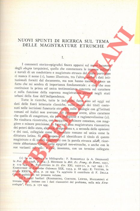 PALLOTTINO Massimo - - Nuovi spunti di ricerca sul tema delle magistrature etrusche.