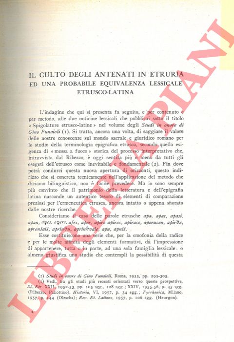 PALLOTTINO Massimo - - Il culto degli antenati in Etruria ed una probabile equivalenza lessicale etrusco-latina.