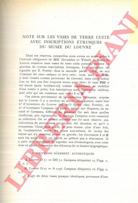 LEJEUNE Michel - - Note sur les vases de terre cuite avec inscriptions trusques du Muse du Louvre.