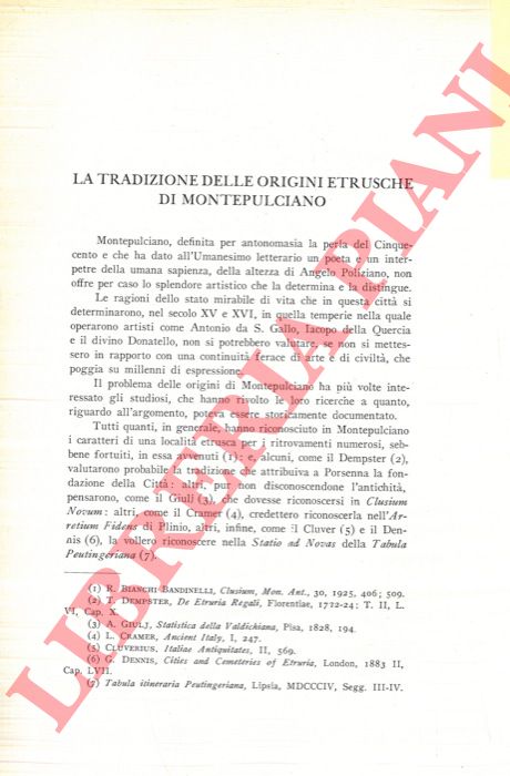 SECCHI TARUGI Giovannangiola - - La tradizione delle origini etrusche di Montepulciano.