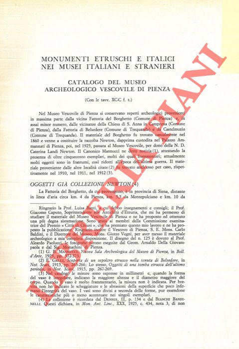 MONACI Maria - - Catalogo del Museo Archeologico Vescovile di Pienza.