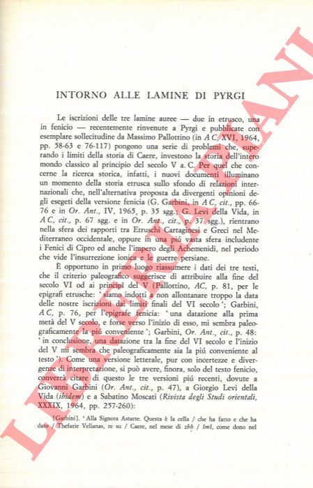 PUGLIESE CARRATELLI Giovanni - - Intorno alle lamine di Pyrgi.