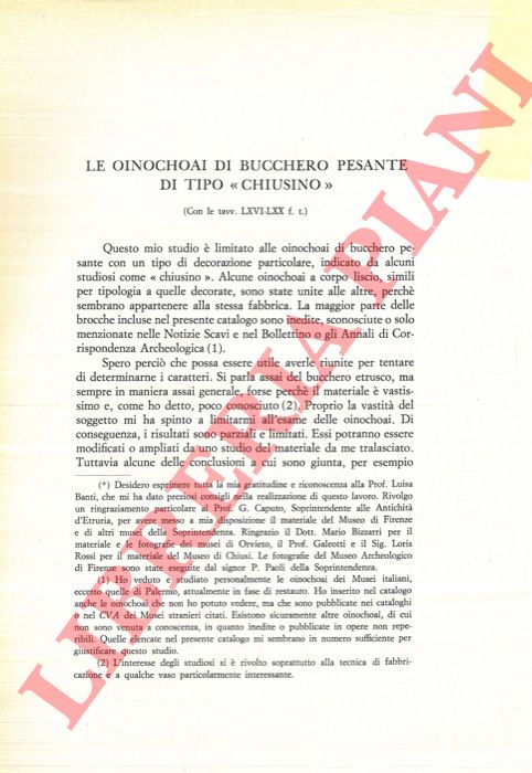 BATIGNANI Gabriella - - Le oinochoai di bucchero pesante di tipo 'chiusino' .