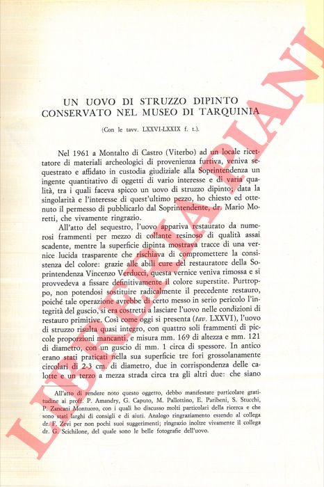 TORELLI M. - - Un uovo di struzzo dipinto conservato nel Museo di Tarquinia.