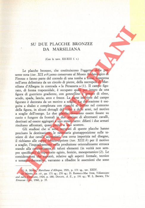 CAMPOREALE Giovannangelo - - Su due placche bronzee da Marsiliana.