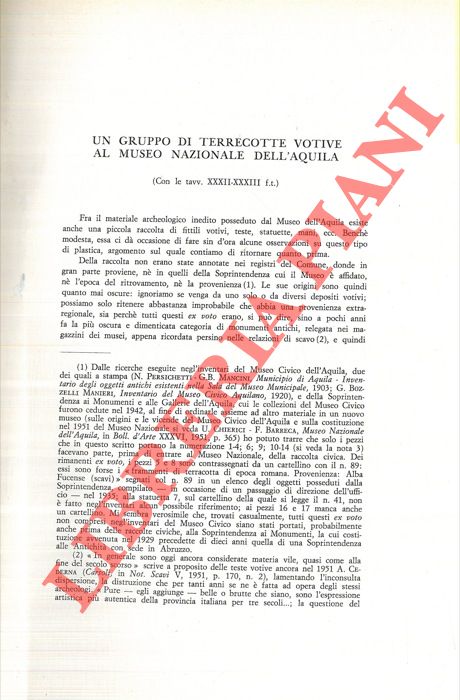 CALVANI MARINI M. - - Un gruppo di terrecotte votive al Museo Nazionale dell'Aquila.