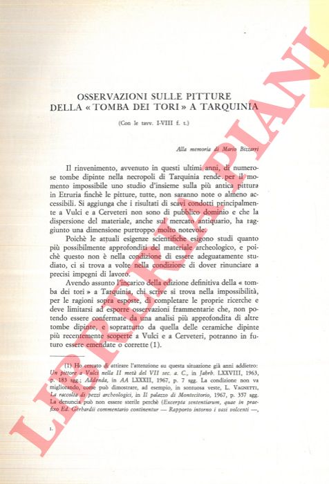 GIULIANO Antonio - - Osservazioni sulle pitture della 'Tomba dei Tori' a Tarquinia.