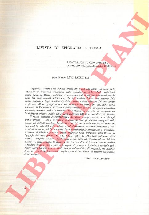 PALLOTTINO Massimo et AA. - - Rivista di epigrafia etrusca.