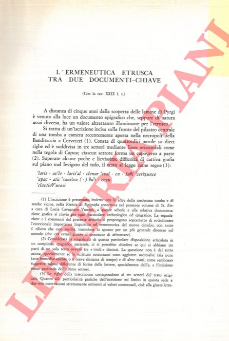 PALLOTTINO Massimo - - L'ermeneutica etrusca tra due documenti-chiave.