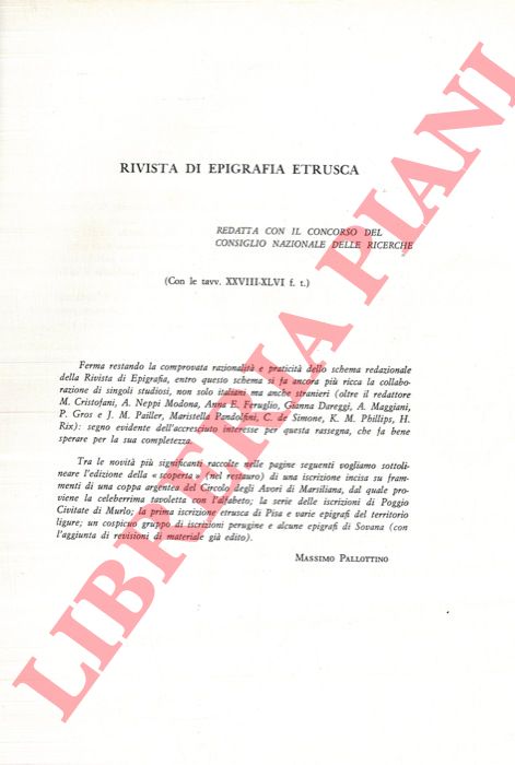 PALLOTTINO Massimo et AA. - - Rivista di epigrafia etrusca.