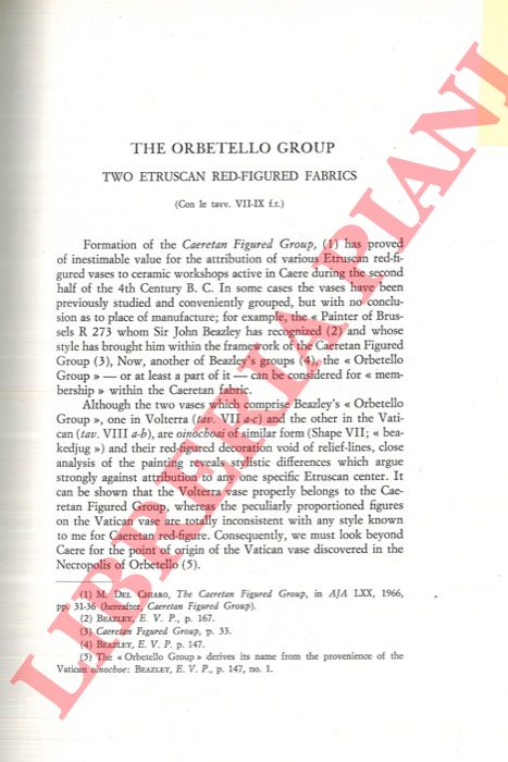 DEL CHIARO Mario A. - - The 'Orbetello Group' : Two Etruscan Red-figured Fabrics.