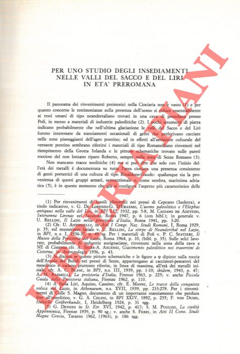 SOMMELLA Paolo - - Per uno studio degli insediamenti nelle valli del Sacco e dei Liri in et preromana.