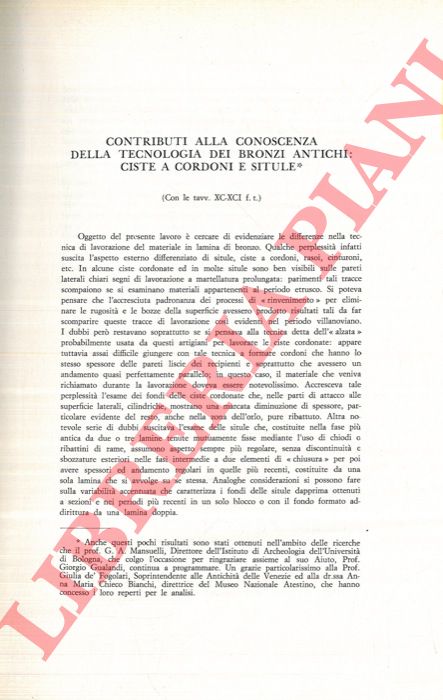 FOLLO Livio - - Contributi alla conoscenza della tecnologia dei bronzi antichi: ciste a cordoni e situle.