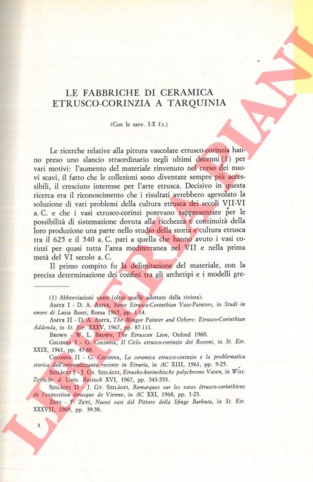 SZILAGYI Janos GY. - - Le fabbriche di ceramica etrusco-corinzia a Tarquinia.