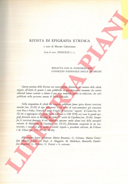 (CRISTOFANI Mauro) - - Rivista di epigrafia etrusca.