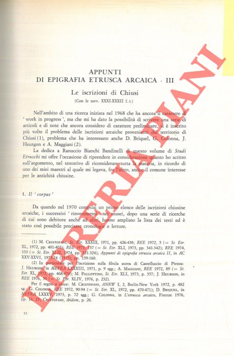 CRISTOFANI Mauro - - Appunti di epigrafia etrusca arcaica. Le iscrizioni di Chiusi.