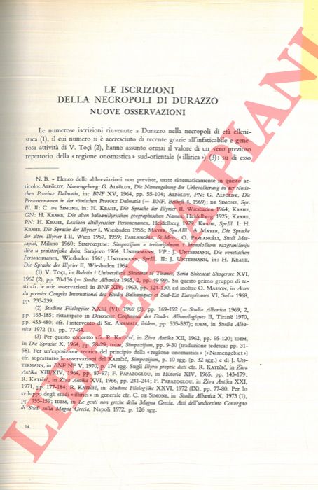 DE SIMONE Carlo - - Le iscrizioni delle necropoli di Durazzo: nuove osservazioni.