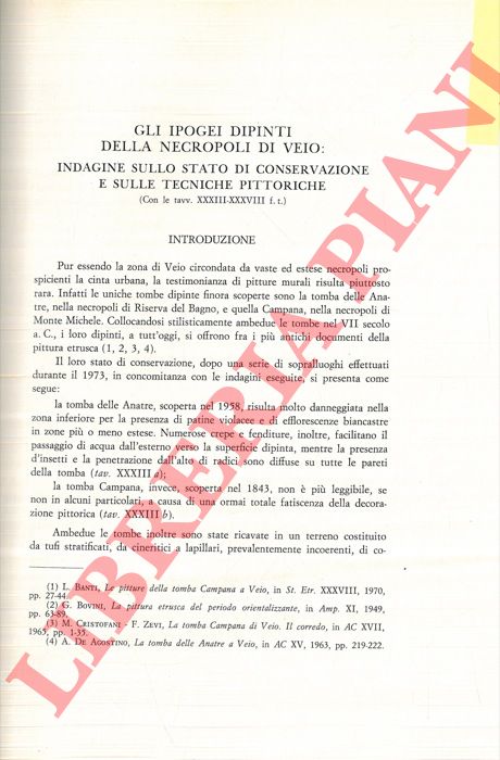 BETTINI Claudio - - Gli ipogei dipinti della necropoli di Veio: indagine sullo stato di conservazione e sulle tecniche pittoriche.