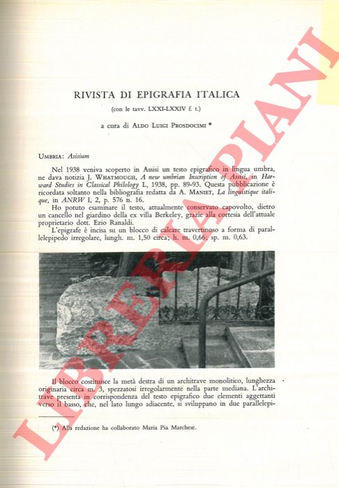 (PROSDOCIMI Aldo Luigi) - - Rivista di epigrafia italica.